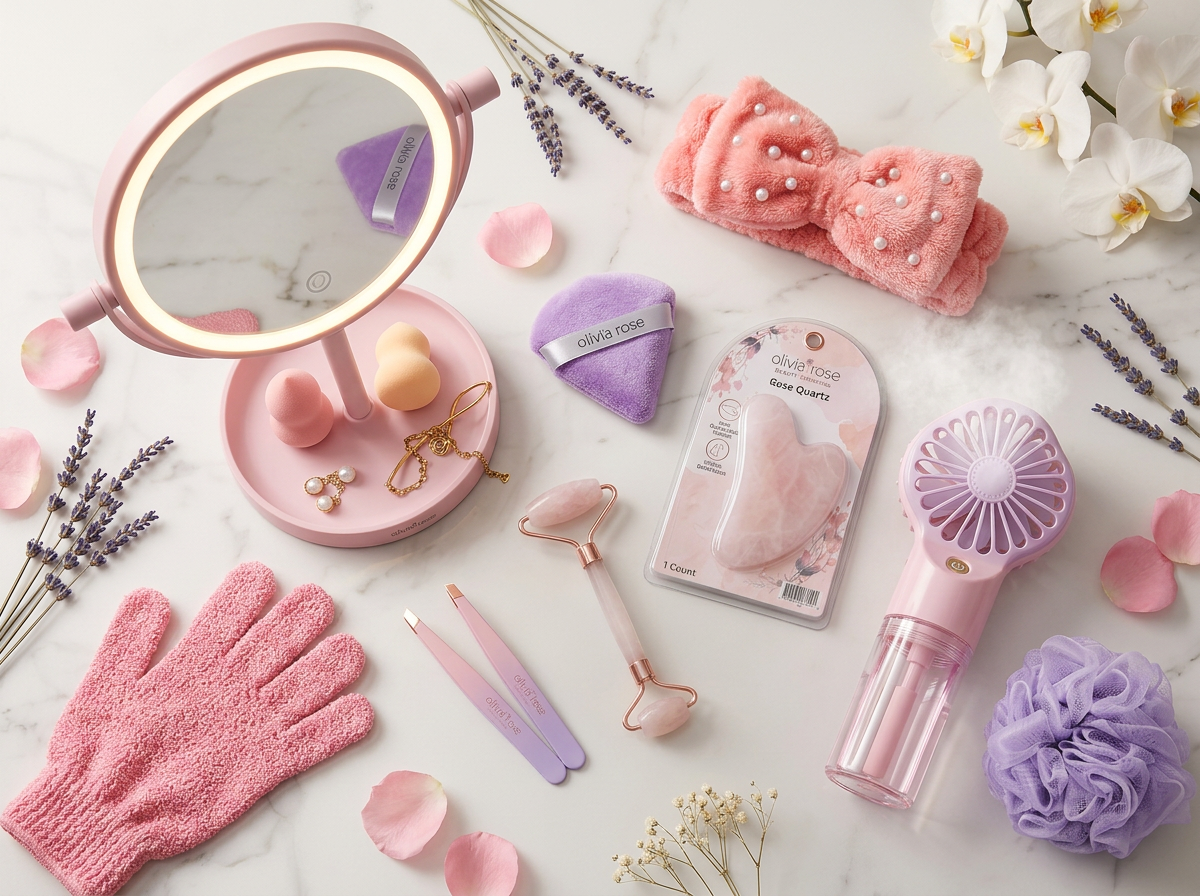 Olivia Rose full collection overhead flatlay — all products on marble